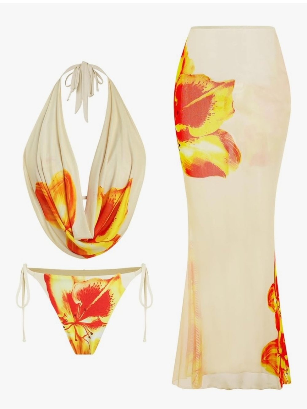 Cream Bikini Set with Orange & Yellow Floral Print